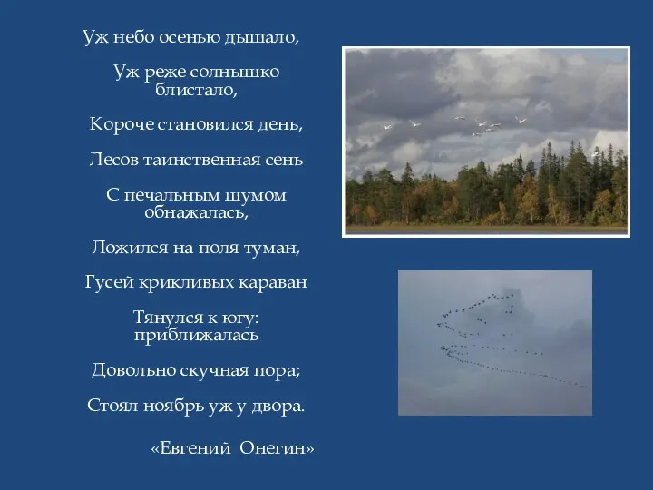 Уж небо осенью дышало, Уж реже солнышко блистало, Короче становился