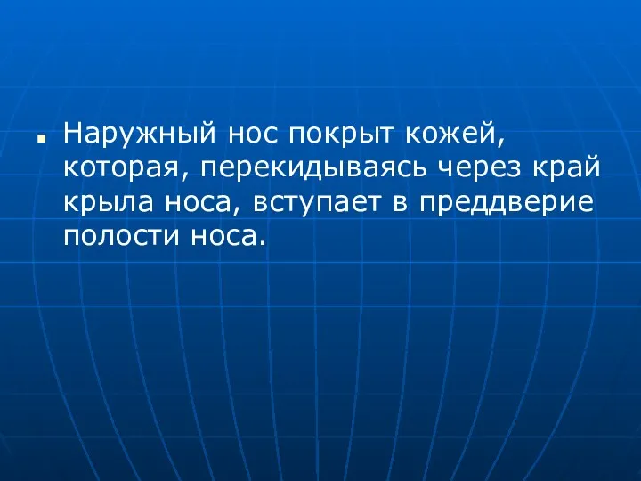 Наружный нос покрыт кожей, которая, перекидываясь через край крыла носа, вступает в преддверие полости носа.