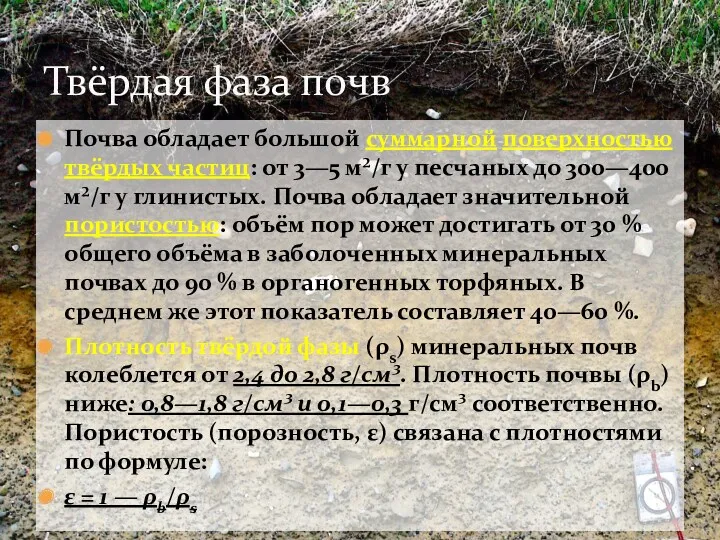 Почва обладает большой суммарной поверхностью твёрдых частиц: от 3—5 м²/г