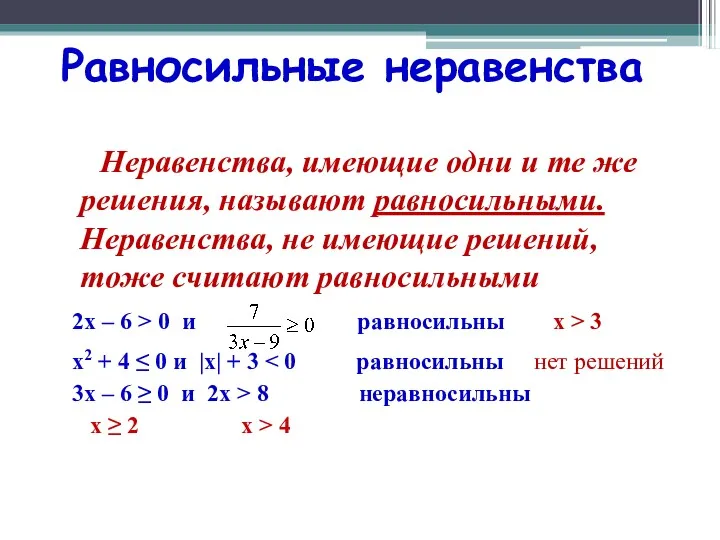 Равносильные неравенства Неравенства, имеющие одни и те же решения, называют