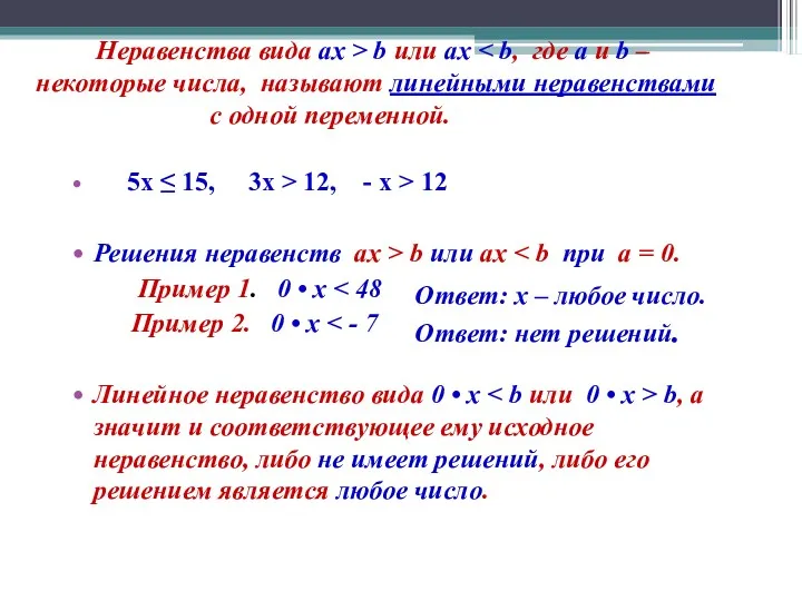 Неравенства вида ах > b или ах 5х ≤ 15,