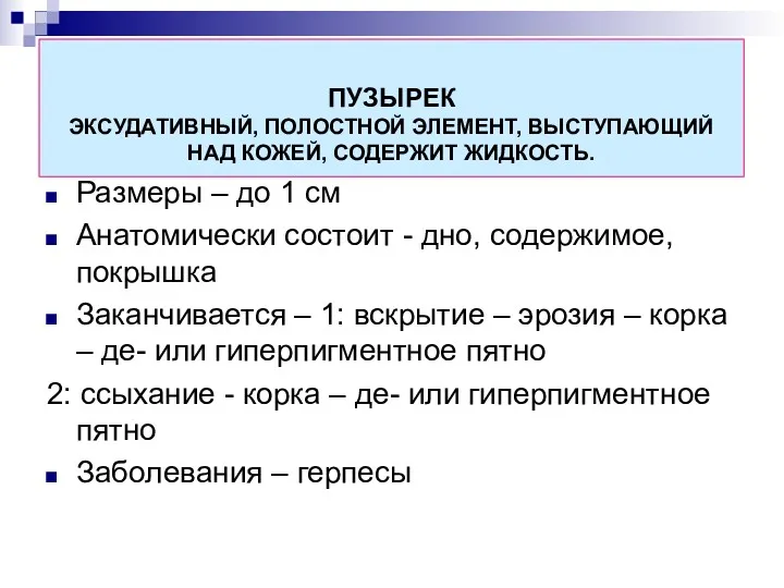 ПУЗЫРЕК ЭКСУДАТИВНЫЙ, ПОЛОСТНОЙ ЭЛЕМЕНТ, ВЫСТУПАЮЩИЙ НАД КОЖЕЙ, СОДЕРЖИТ ЖИДКОСТЬ. Размеры