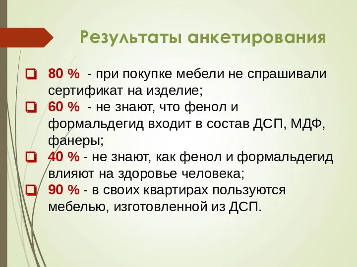 Результаты анкетирования 80 % - при покупке мебели не спрашивали