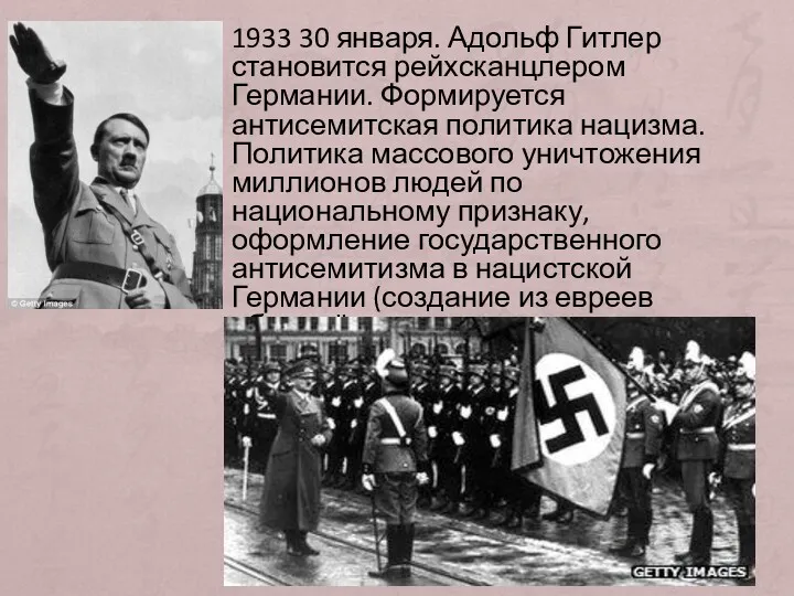 1933 30 января. Адольф Гитлер становится рейхсканцлером Германии. Формируется антисемитская