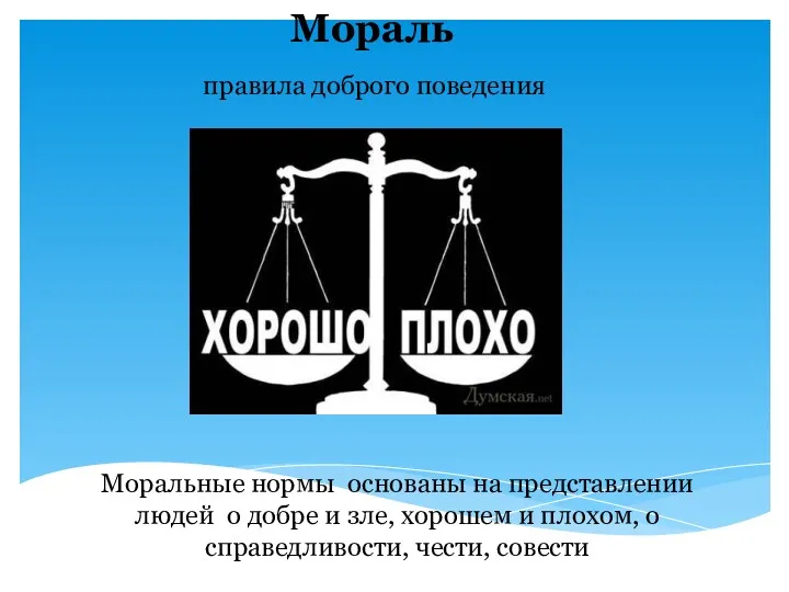 Мораль правила доброго поведения Моральные нормы основаны на представлении людей