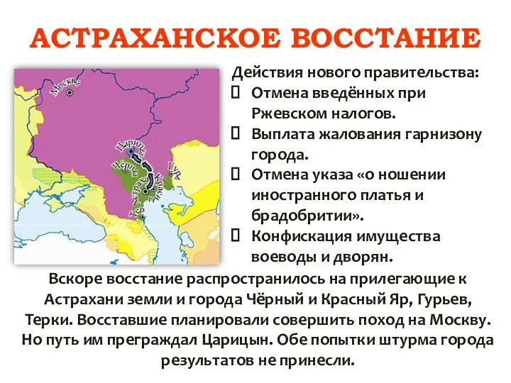 АСТРАХАНСКОЕ ВОССТАНИЕ Действия нового правительства: Отмена введённых при Ржевском налогов.