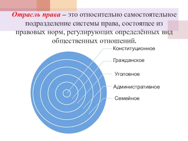 Отрасль права – это относительно самостоятельное подразделение системы права, состоящее