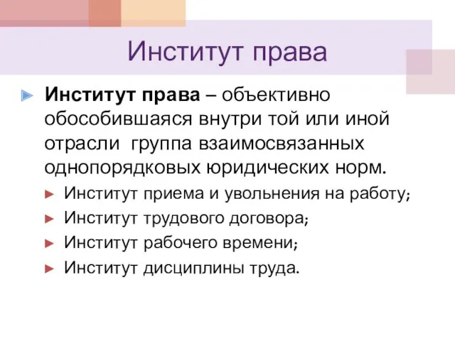 Институт права Институт права – объективно обособившаяся внутри той или