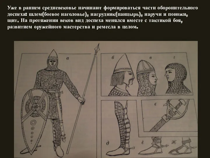Уже в раннем средневековье начинают формироваться части оборонительного доспеха: шлем(боевое наголовье), нагрудник(панцырь), наручи