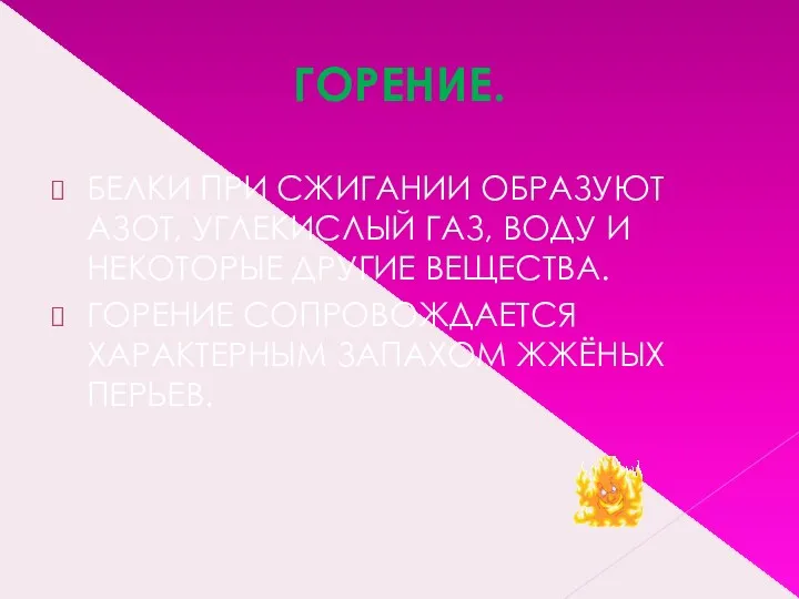 ГОРЕНИЕ. БЕЛКИ ПРИ СЖИГАНИИ ОБРАЗУЮТ АЗОТ, УГЛЕКИСЛЫЙ ГАЗ, ВОДУ И