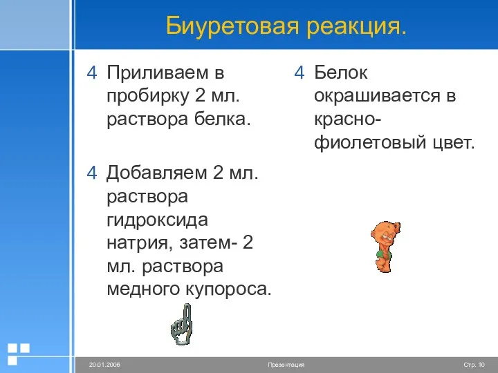 Биуретовая реакция. Приливаем в пробирку 2 мл. раствора белка. Добавляем