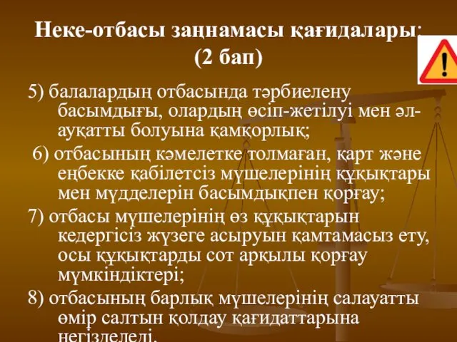 Неке-отбасы заңнамасы қағидалары: (2 бап) 5) балалардың отбасында тәрбиелену басымдығы,