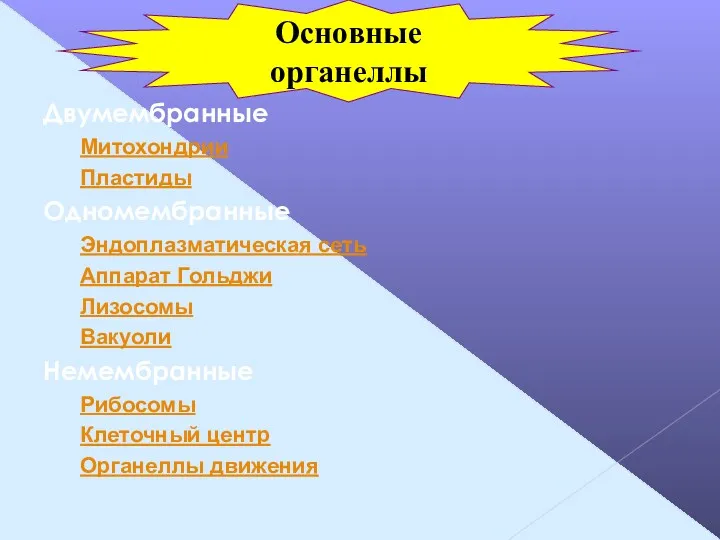 Двумембранные Митохондрии Пластиды Одномембранные Эндоплазматическая сеть Аппарат Гольджи Лизосомы Вакуоли