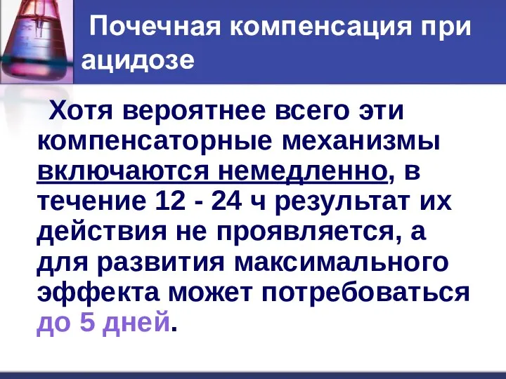 Почечная компенсация при ацидозе Хотя вероятнее всего эти компенсаторные механизмы