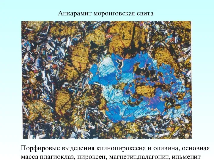 Анкарамит моронговская свита Порфировые выделения клинопироксена и оливина, основная масса плагиоклаз, пироксен, магнетит,палагонит, ильменит