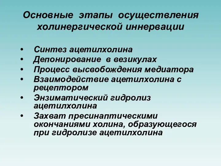 Основные этапы осуществления холинергической иннервации Синтез ацетилхолина Депонирование в везикулах