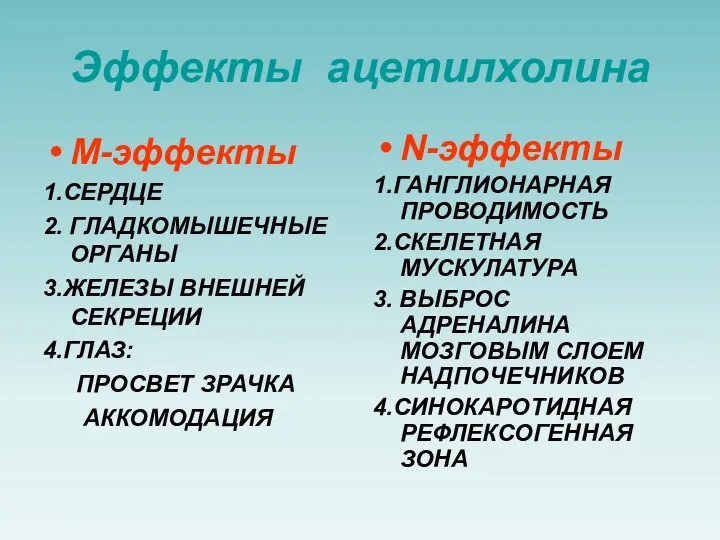 Эффекты ацетилхолина М-эффекты 1.СЕРДЦЕ 2. ГЛАДКОМЫШЕЧНЫЕ ОРГАНЫ 3.ЖЕЛЕЗЫ ВНЕШНЕЙ СЕКРЕЦИИ