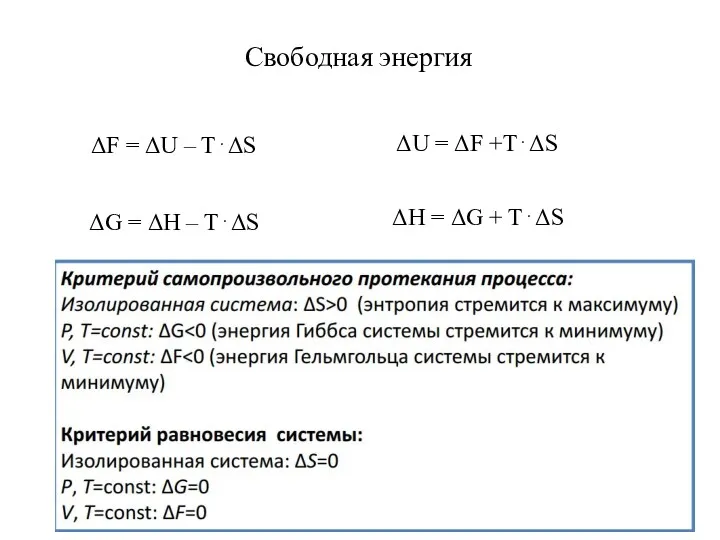 Свободная энергия ΔF = ΔU – T⋅ΔS ΔG = ΔH