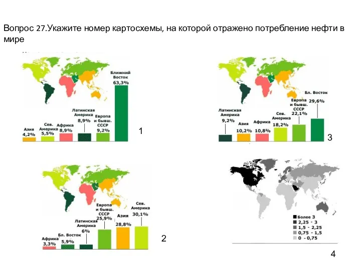 Вопрос 27.Укажите номер картосхемы, на которой отражено потребление нефти в мире 1 2 3 4