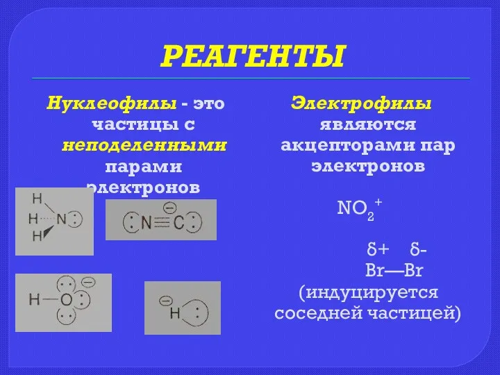 РЕАГЕНТЫ Нуклеофилы - это частицы с неподеленными парами электронов Электрофилы