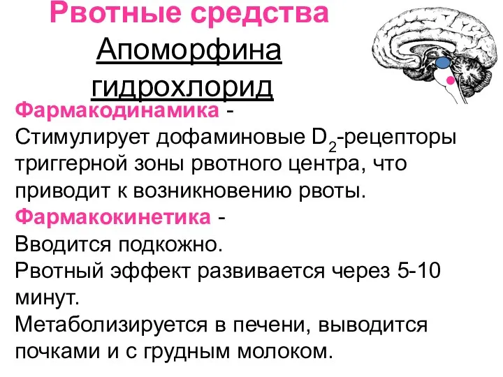 Рвотные средства Апоморфина гидрохлорид Фармакодинамика - Стимулирует дофаминовые D2-рецепторы триггерной зоны рвотного центра,