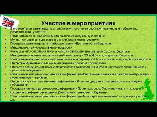 Участие в мероприятиях Всероссийская олимпиада по английскому языку (школьный, муниципальный-победитель,