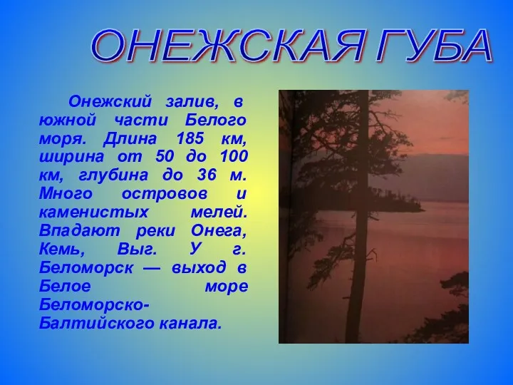 Онежский залив, в южной части Белого моря. Длина 185 км,