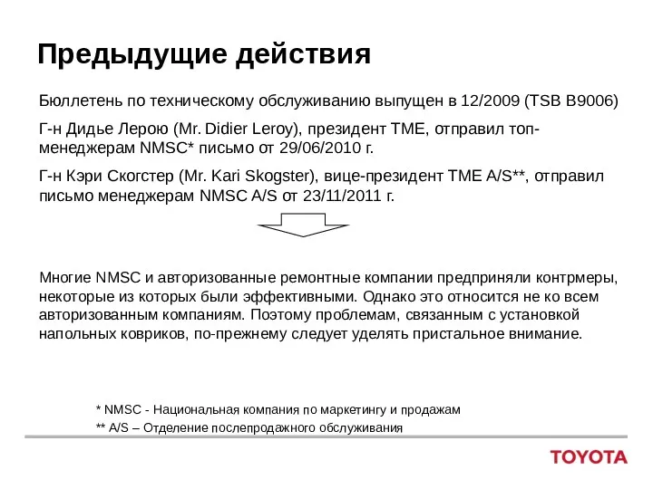Предыдущие действия Бюллетень по техническому обслуживанию выпущен в 12/2009 (TSB