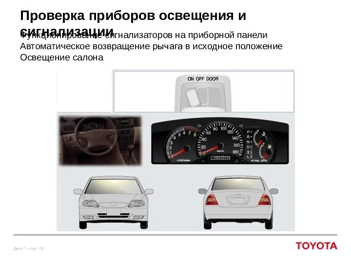 Проверка приборов освещения и сигнализации Функционирование сигнализаторов на приборной панели