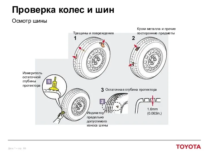 Проверка колес и шин Осмотр шины Измеритель остаточной глубины протектора