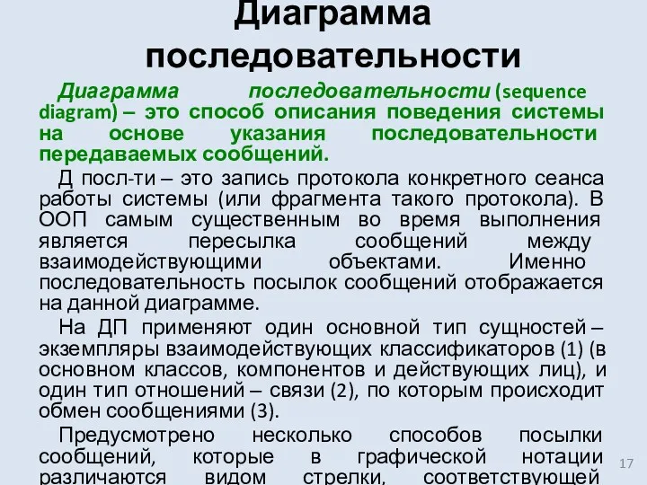 Диаграмма последовательности Диаграмма последовательности (sequence diagram) ‒ это способ описания