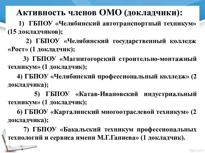Активность членов ОМО (докладчики): 1) ГБПОУ «Челябинский автотранспортный техникум» (15