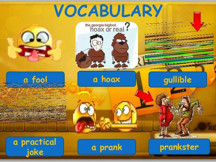 VOCABULARY a fool a hoax gullible a practical joke a prank prankster