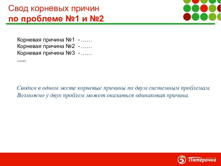 Свод корневых причин по проблеме №1 и №2 Корневая причина