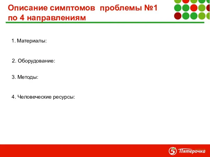 Описание симптомов проблемы №1 по 4 направлениям 1. Материалы: 4. Человеческие ресурсы: 3. Методы: 2. Оборудование: