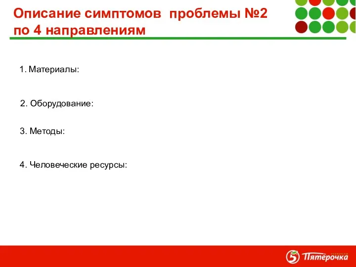 Описание симптомов проблемы №2 по 4 направлениям 1. Материалы: 4. Человеческие ресурсы: 3. Методы: 2. Оборудование: