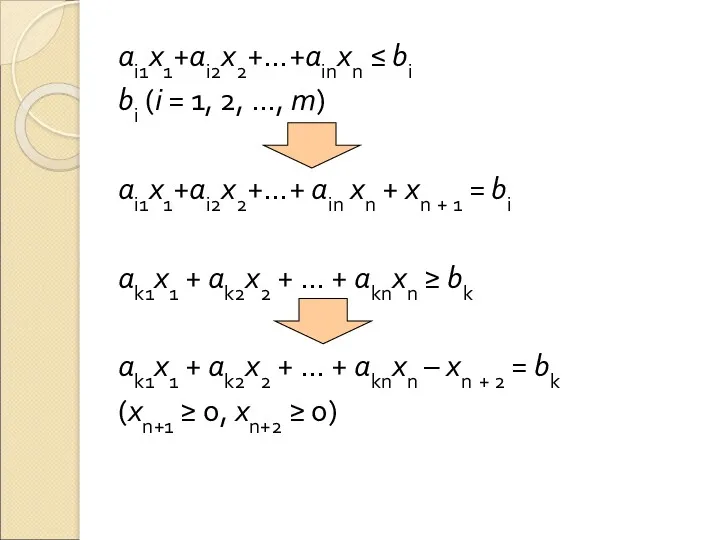 аi1х1+аi2х2+…+аinxn ≤ bi bi (i = 1, 2, …, m) ai1x1+ai2x2+…+ ain xn