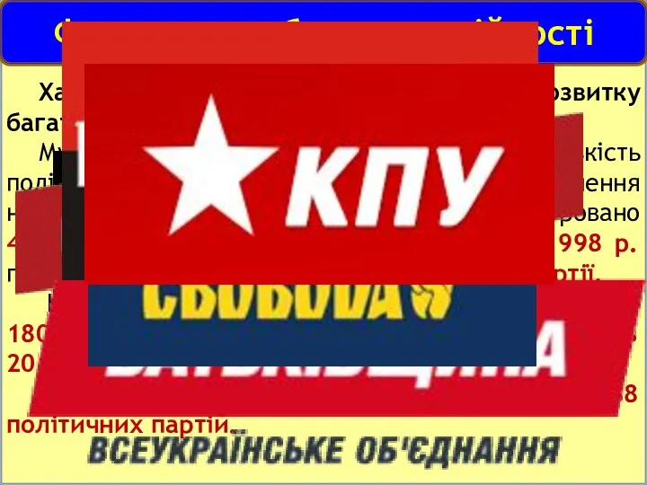 Характерними рисами розвитку багатопартійності на сучасному етапі є: Мультипартійність, тобто