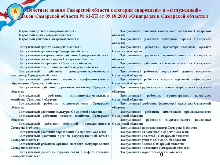 Почетные звания Самарской области категории «народный» и «заслуженный» (Закон Самарской