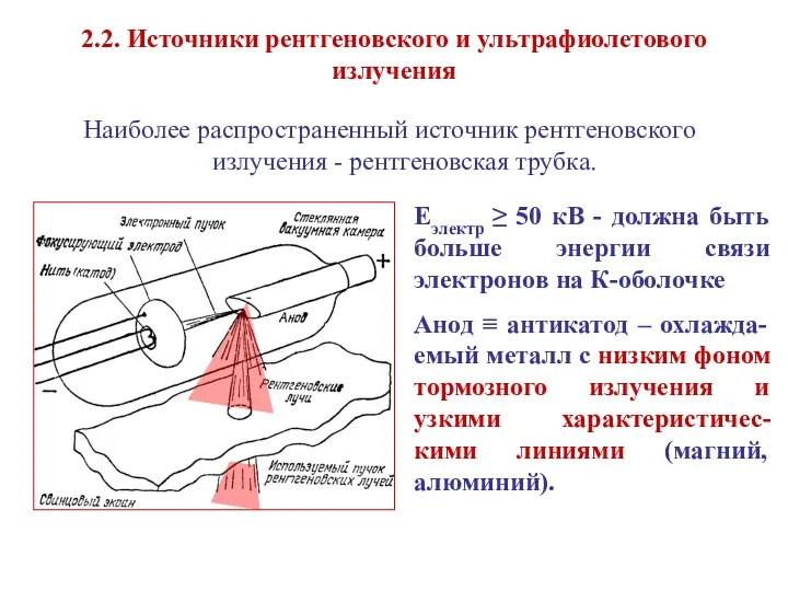 2.2. Источники рентгеновского и ультрафиолетового излучения Наиболее распространенный источник рентгеновского излучения - рентгеновская