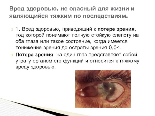 1. Вред здоровью, приводящий к потере зрения, под которой понимают полную стойкую слепоту