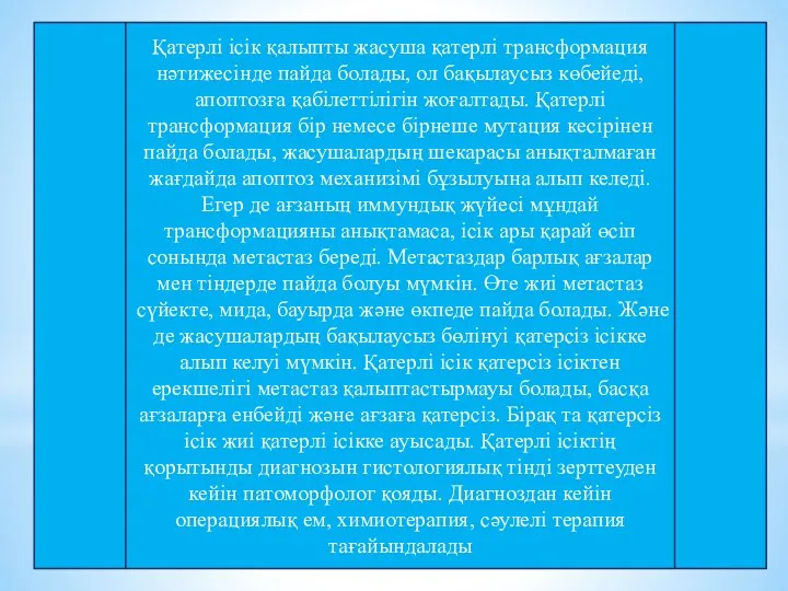 Қатерлі ісік қалыпты жасуша қатерлі трансформация нәтижесінде пайда болады, ол