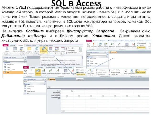 SQL в Access Многие СУБД поддерживают интерактивный режим работы с