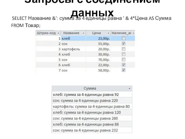Запросы с соединением данных SELECT Название &': сумма за 4