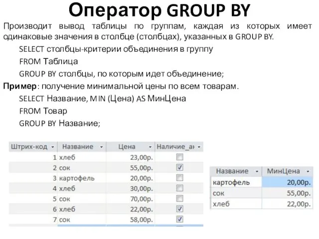 Оператор GROUP BY Производит вывод таблицы по группам, каждая из