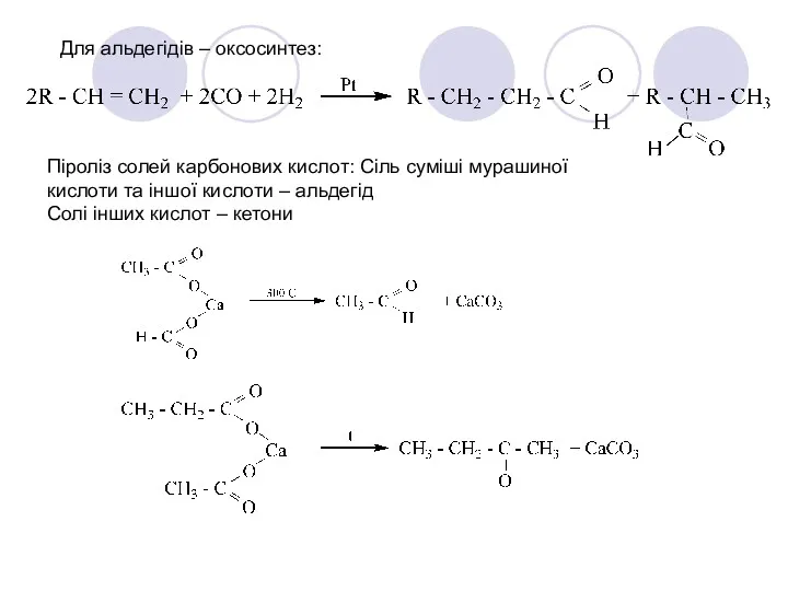 Для альдегідів – оксосинтез: Піроліз солей карбонових кислот: Сіль суміші