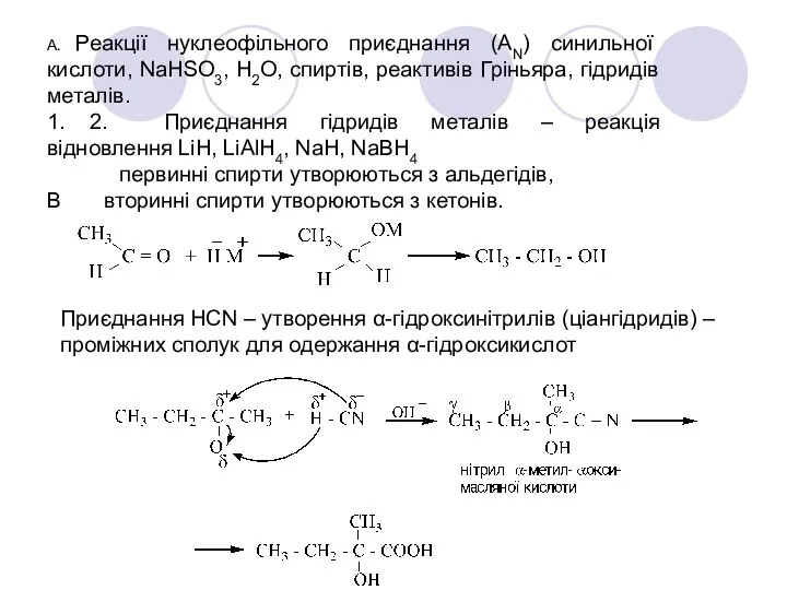А. Реакції нуклеофільного приєднання (АN) синильної кислоти, NaHSO3, H2O, спиртів,