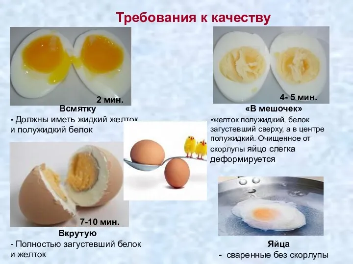 Требования к качеству Яйца - сваренные без скорлупы Всмятку -