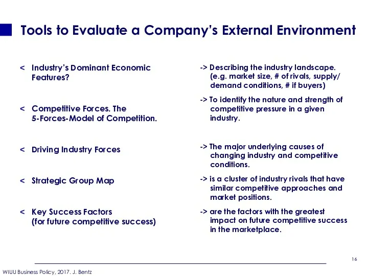 Tools to Evaluate a Company’s External Environment Industry’s Dominant Economic