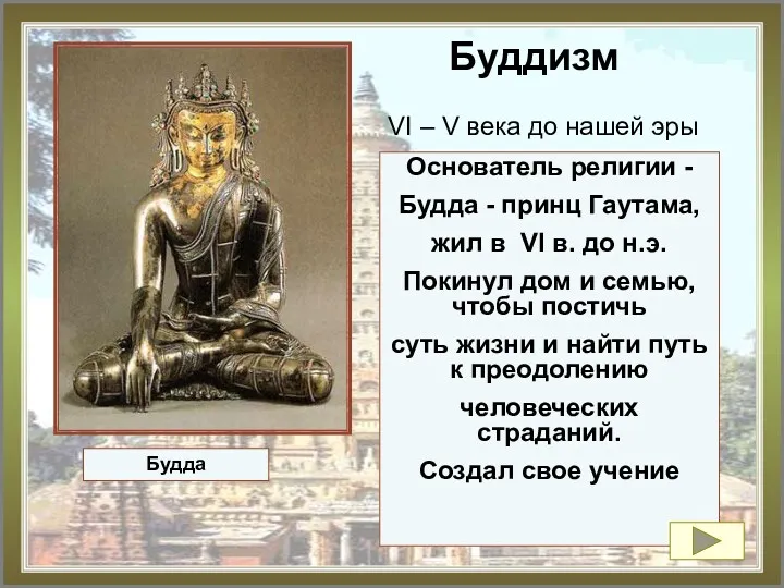 Буддизм VI – V века до нашей эры Основатель религии - Будда -